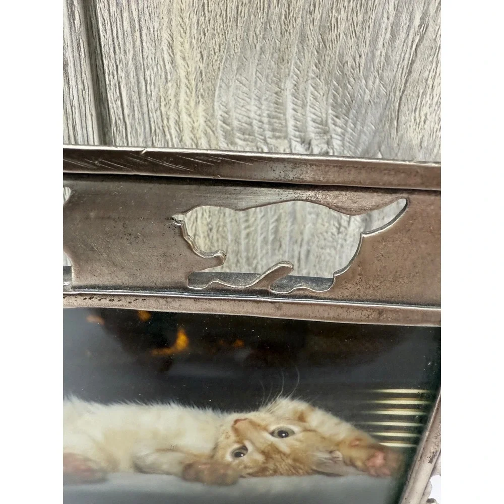 Vintage Pewter Cat and Fish Picture Frame Rustic Metal Pet Photo 5x7 4x6